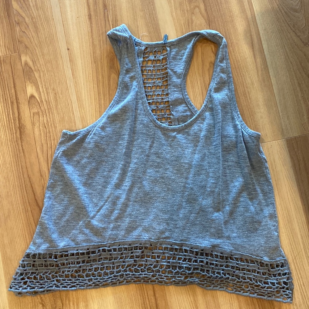 Super cute grey tank top with fun back!